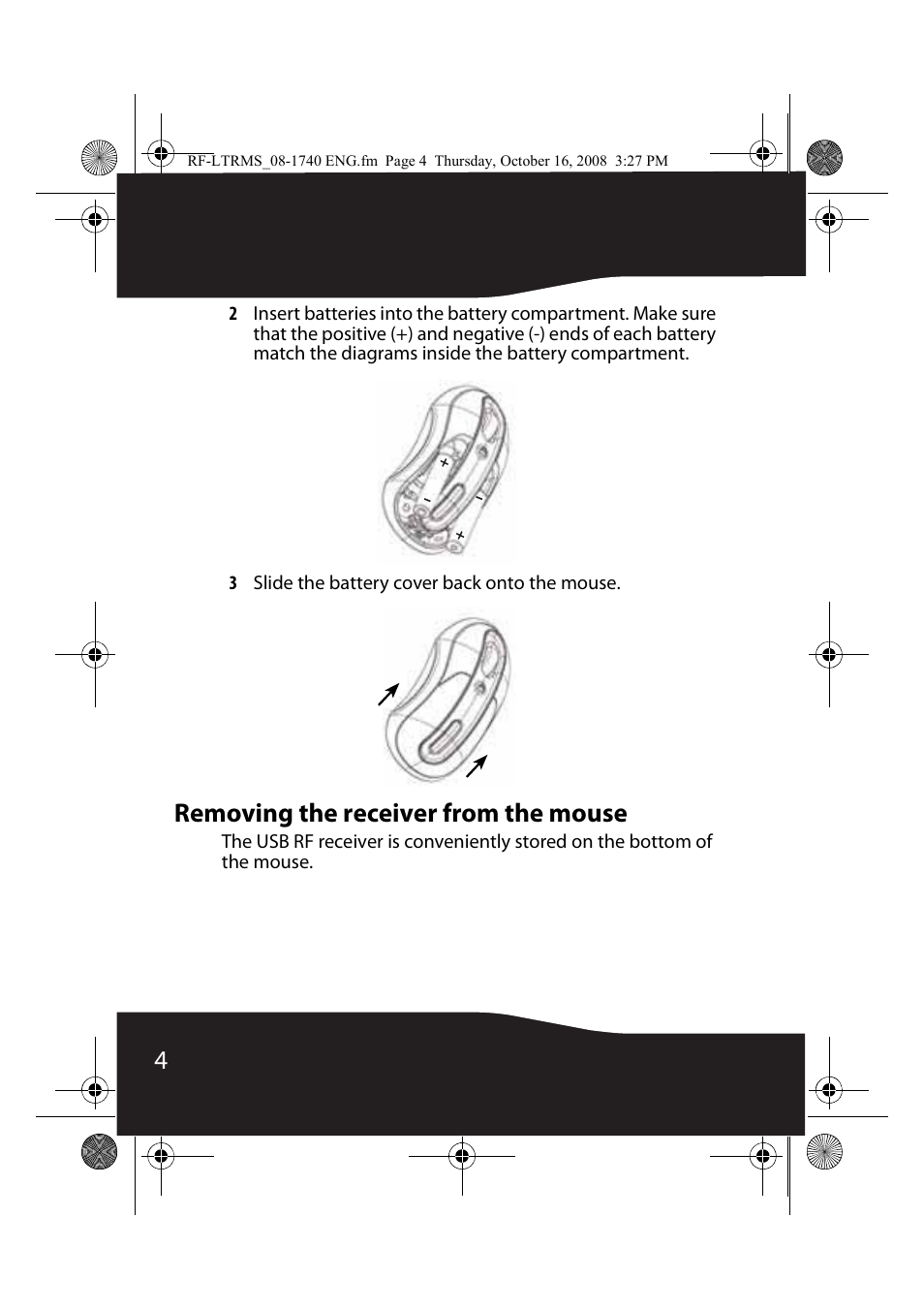 Removing the receiver from the mouse | RocketFish RF-LTRMS User Manual | Page 4 / 16