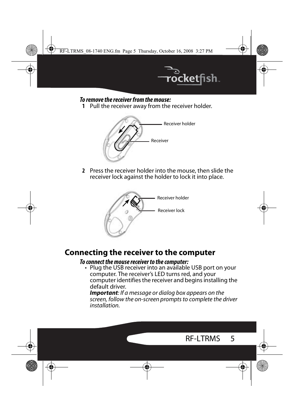 Connecting the receiver to the computer, 5rf-ltrms | RocketFish RF-LTRMS User Manual | Page 5 / 16