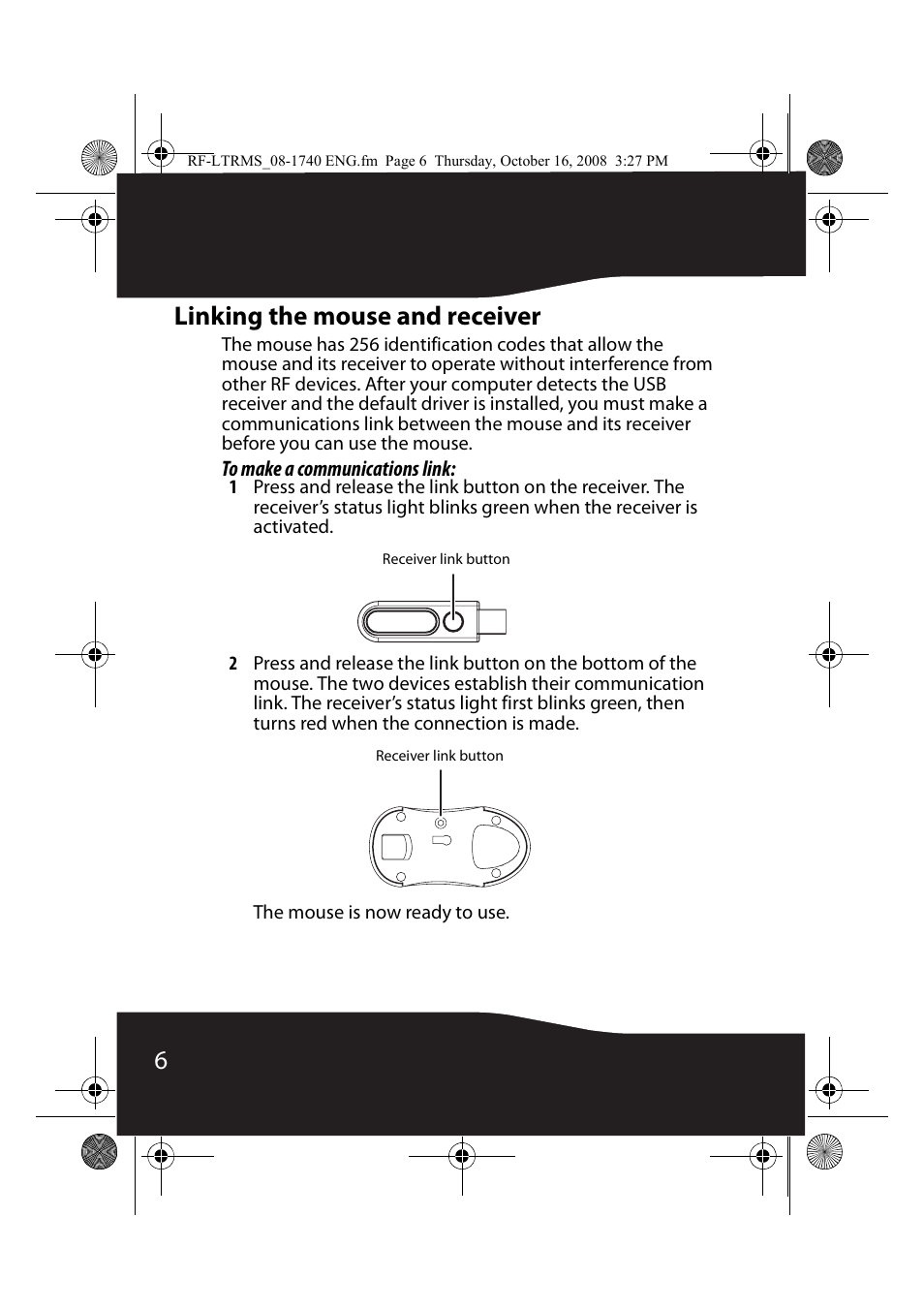 Linking the mouse and receiver, 6linking the mouse and receiver | RocketFish RF-LTRMS User Manual | Page 6 / 16