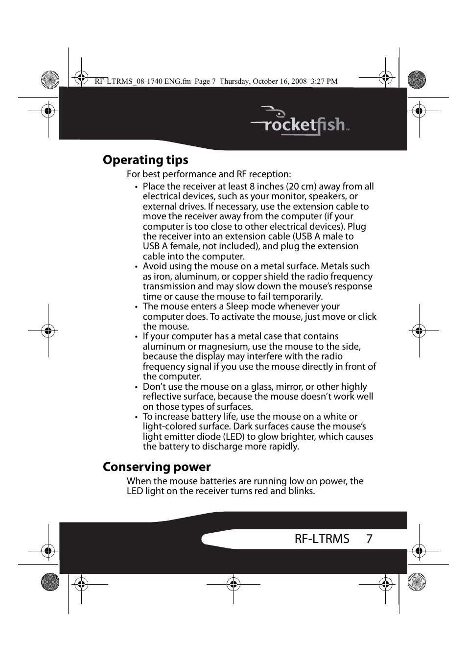 Operating tips, Conserving power, 7rf-ltrms operating tips | RocketFish RF-LTRMS User Manual | Page 7 / 16
