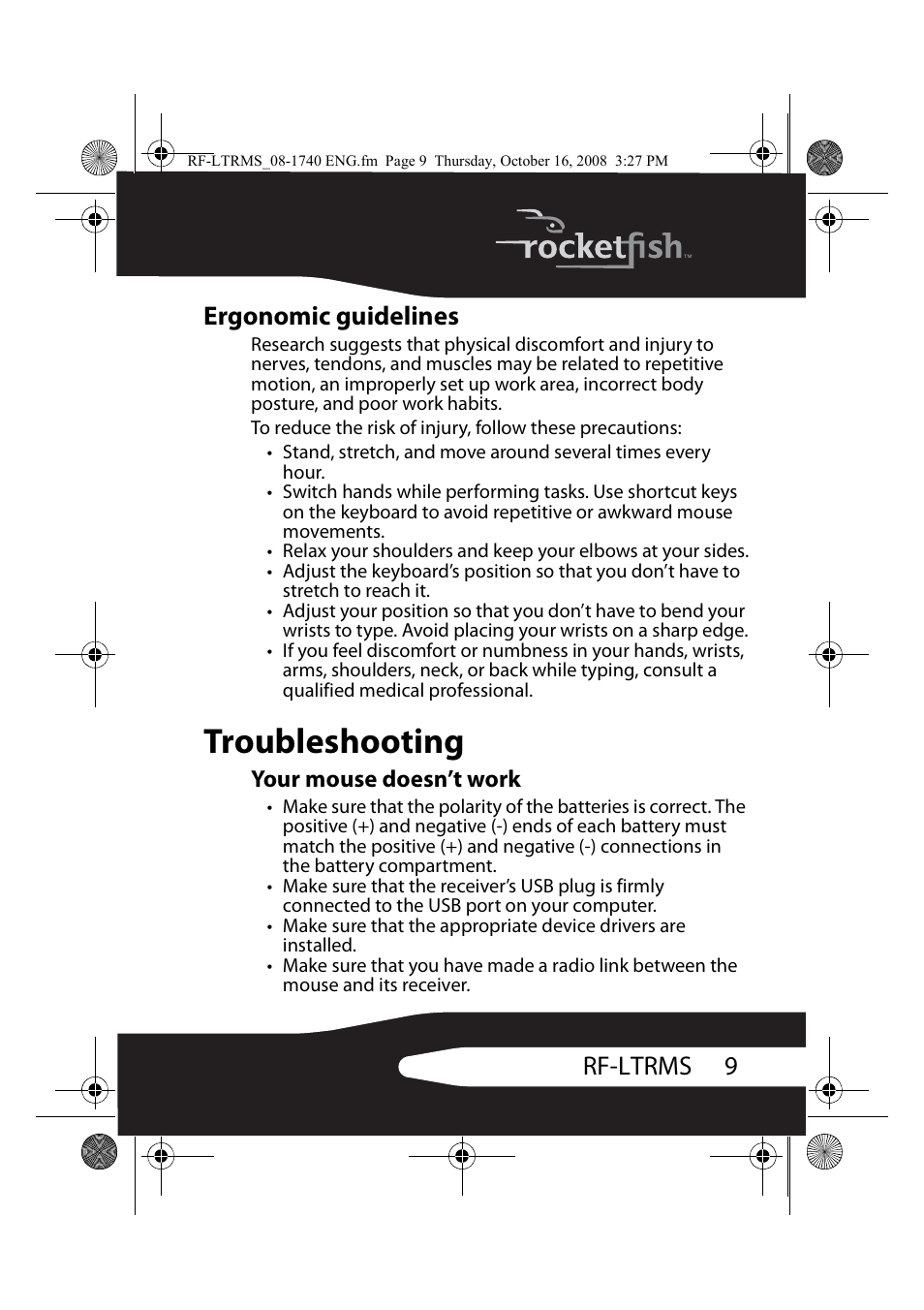 Ergonomic guidelines, Troubleshooting, Your mouse doesn’t work | 9rf-ltrms ergonomic guidelines | RocketFish RF-LTRMS User Manual | Page 9 / 16