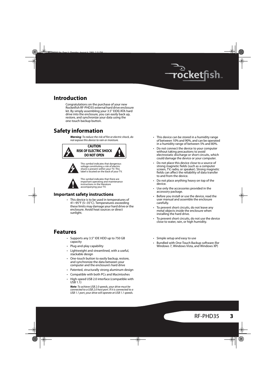 Safety information, Important safety instructions, Features | 3rf-phd35 introduction | RocketFish RF-PHD35 User Manual | Page 3 / 12