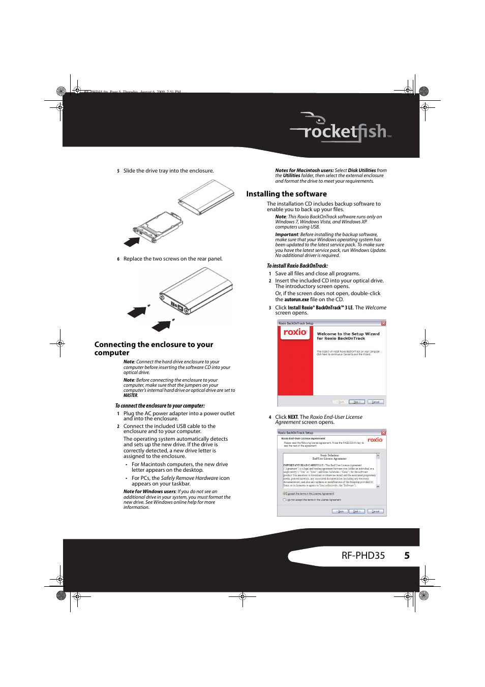 5rf-phd35, Connecting the enclosure to your computer, Installing the software | RocketFish RF-PHD35 User Manual | Page 5 / 12