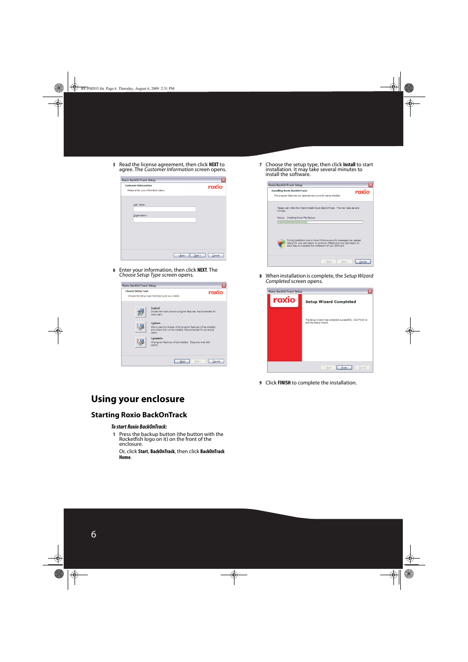 Using your enclosure, Starting roxio backontrack | RocketFish RF-PHD35 User Manual | Page 6 / 12