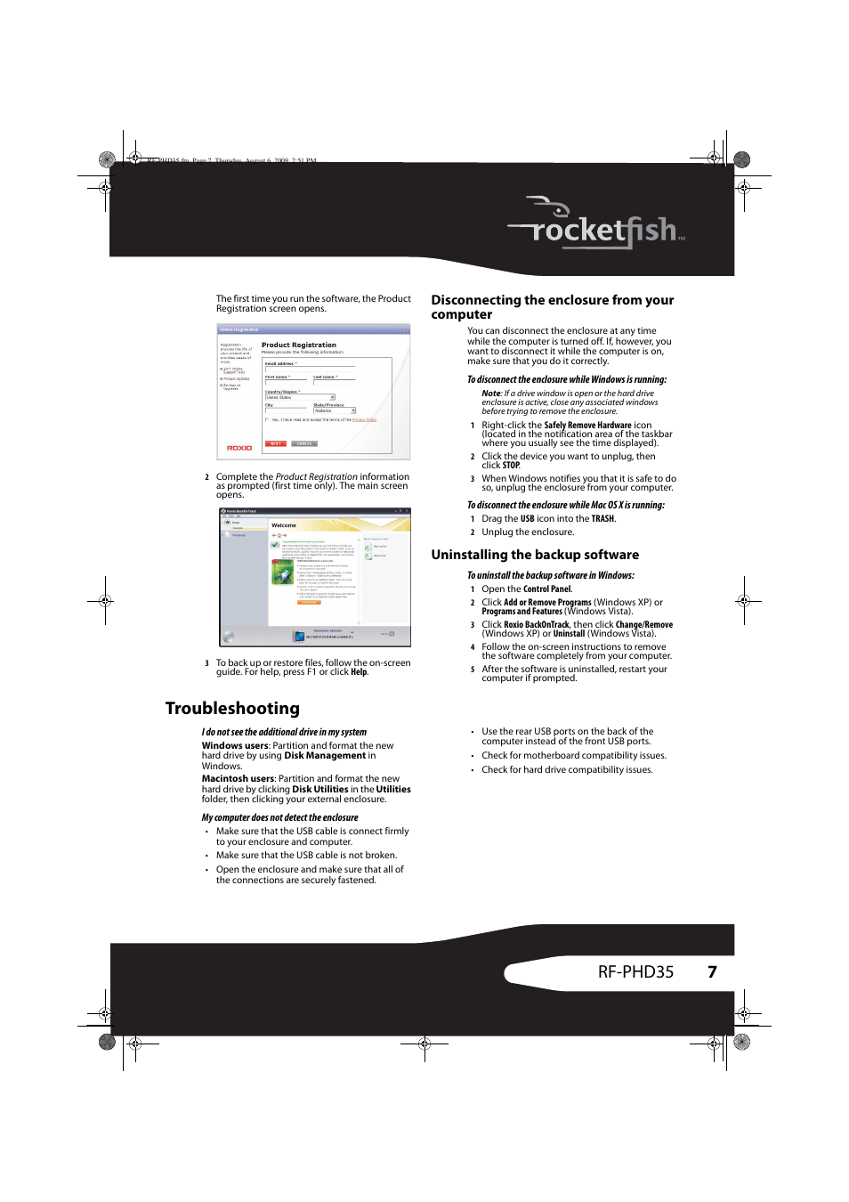 Troubleshooting, 7rf-phd35, Disconnecting the enclosure from your computer | Uninstalling the backup software | RocketFish RF-PHD35 User Manual | Page 7 / 12