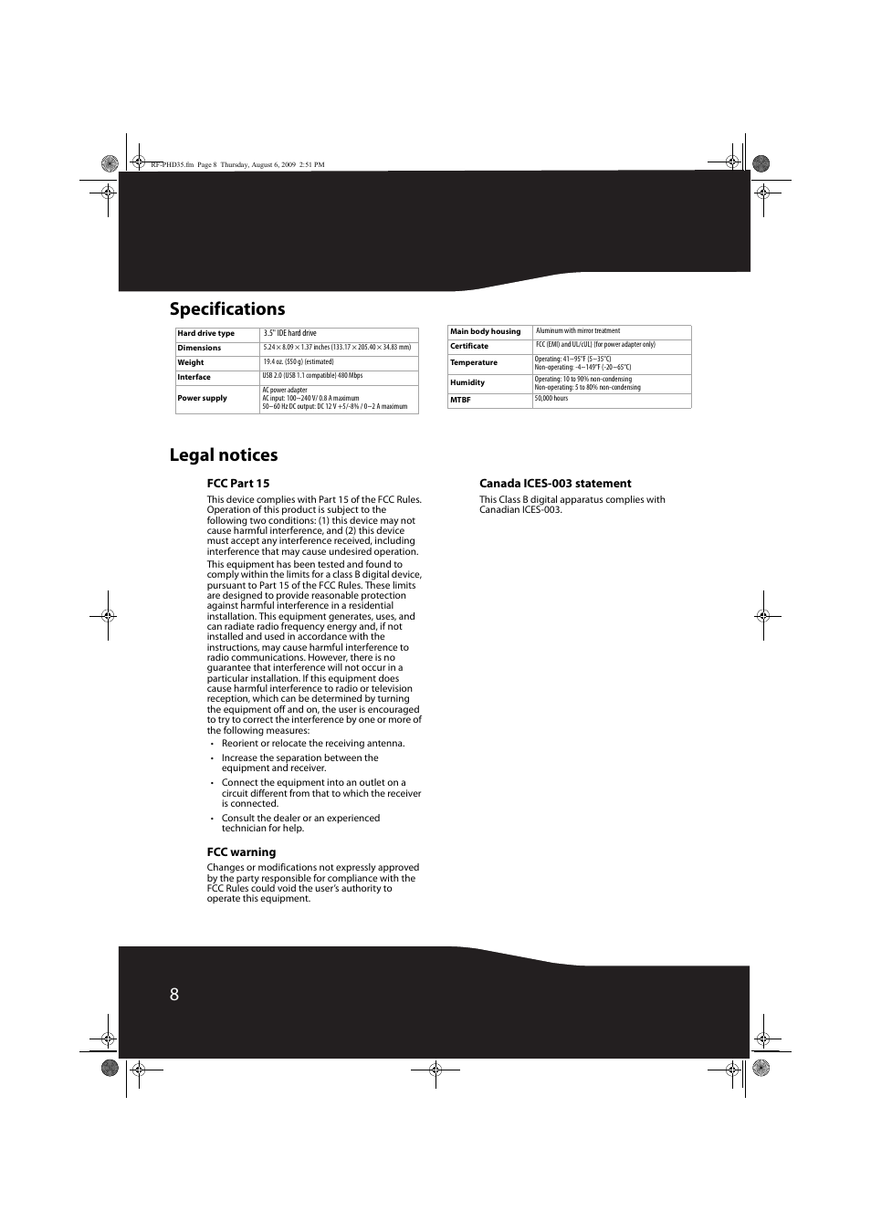 8specifications legal notices | RocketFish RF-PHD35 User Manual | Page 8 / 12