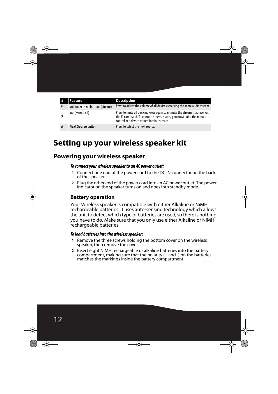 Setting up your wireless speaker kit, Powering your wireless speaker, Battery operation | 12 setting up your wireless speaker kit | RocketFish RF-RBWSO2 User Manual | Page 12 / 33