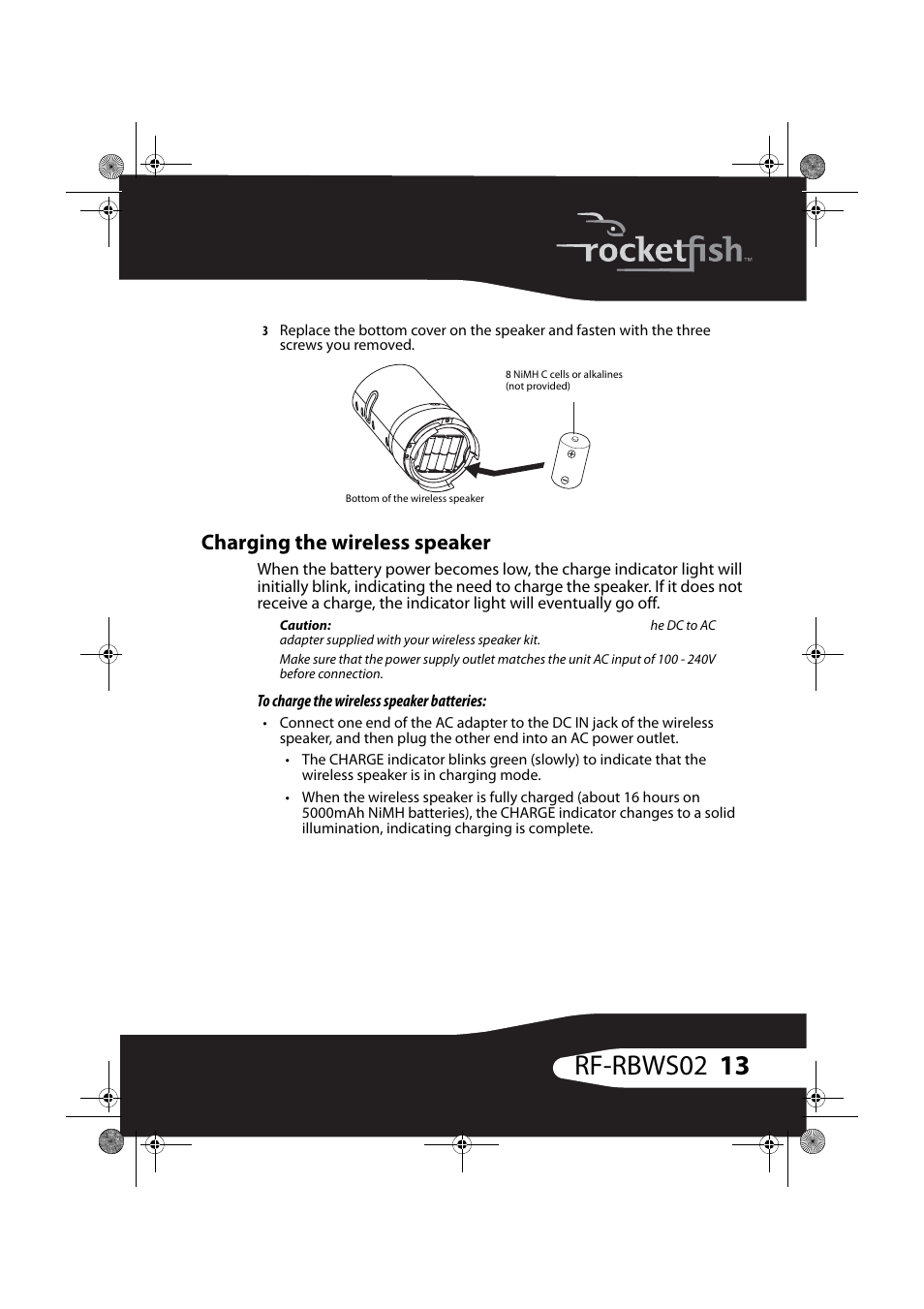 Charging the wireless speaker, 13 rf-rbws02 | RocketFish RF-RBWSO2 User Manual | Page 13 / 33