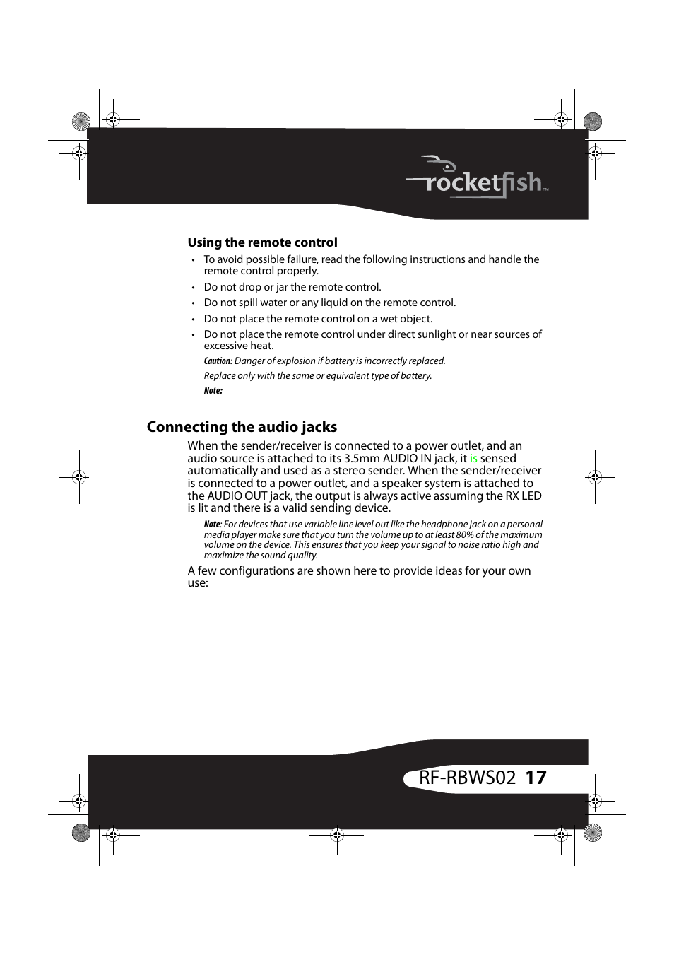 Using the remote control, Connecting the audio jacks, 17 rf-rbws02 | RocketFish RF-RBWSO2 User Manual | Page 17 / 33