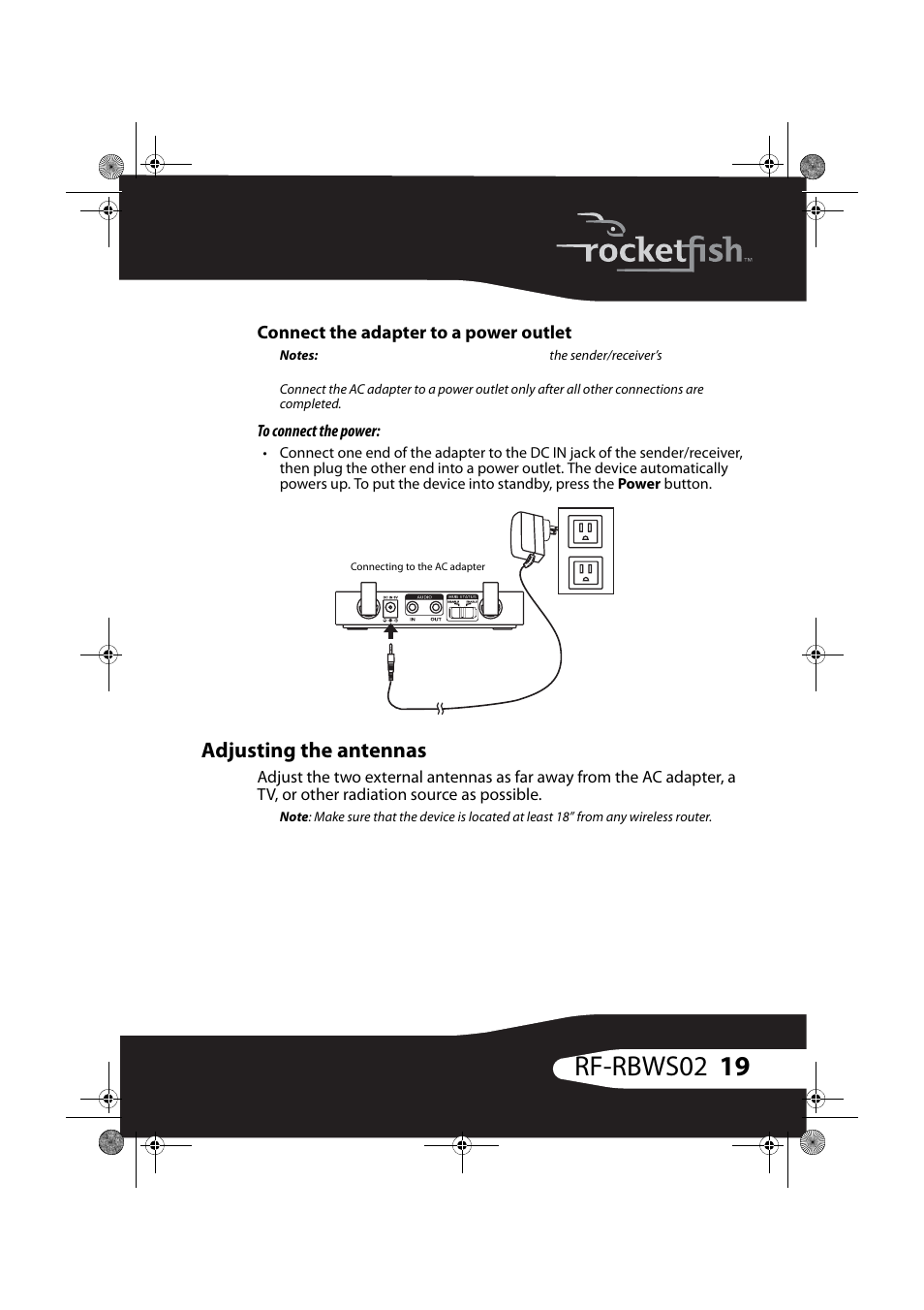 Connect the adapter to a power outlet, Adjusting the antennas, 19 rf-rbws02 | RocketFish RF-RBWSO2 User Manual | Page 19 / 33