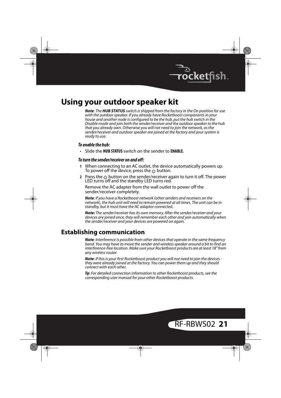 Using your outdoor speaker kit, Establishing communication, 21 rf-rbws02 using your outdoor speaker kit | RocketFish RF-RBWSO2 User Manual | Page 21 / 33