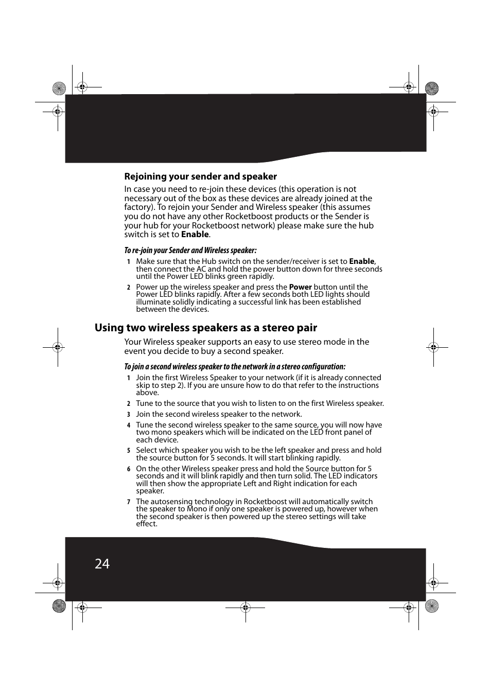 Rejoining your sender and speaker, Using two wireless speakers as a stereo pair | RocketFish RF-RBWSO2 User Manual | Page 24 / 33