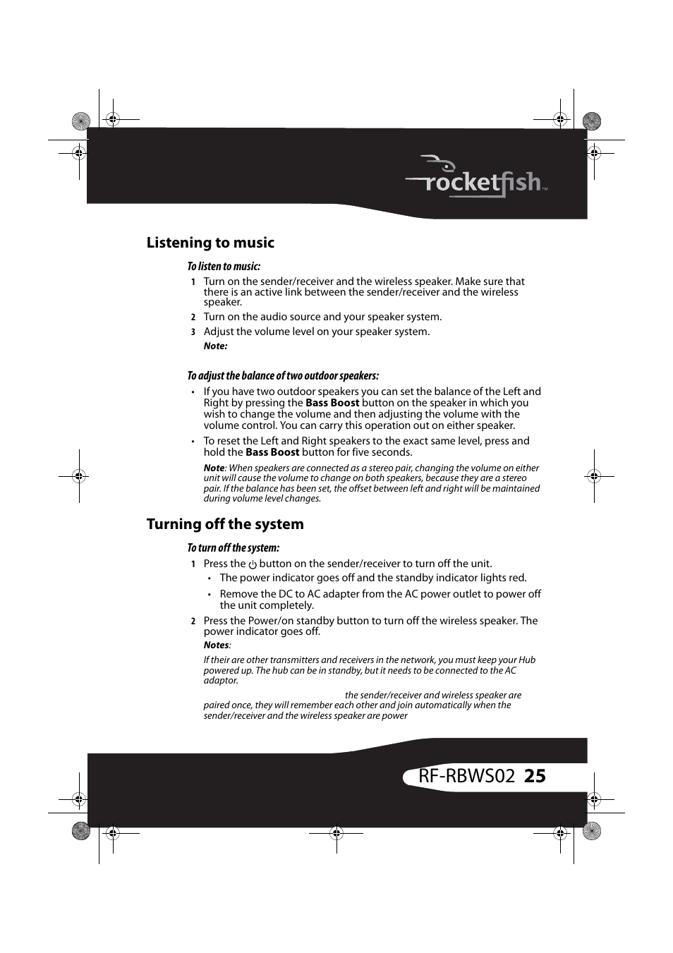 Listening to music, Turning off the system, 25 rf-rbws02 | RocketFish RF-RBWSO2 User Manual | Page 25 / 33
