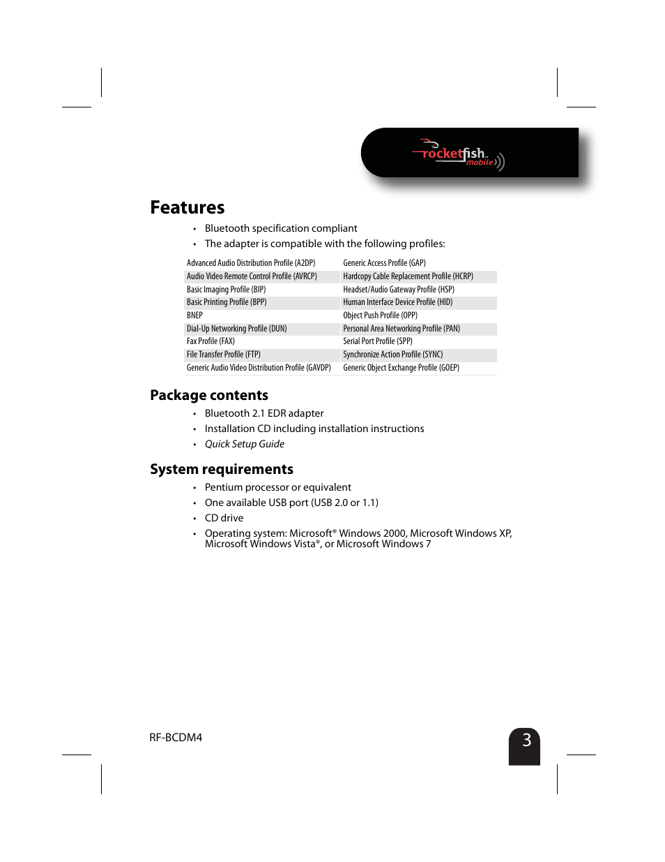 Features, Package contents, System requirements | RocketFish RF-BCDM4 User Manual | Page 3 / 40