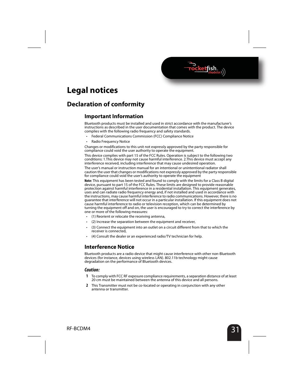 Legal notices, Declaration of conformity, Important information | Interference notice | RocketFish RF-BCDM4 User Manual | Page 31 / 40