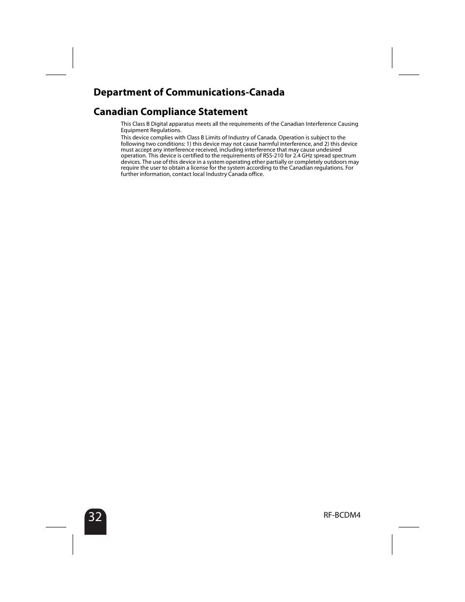 Department of communications-canada, Canadian compliance statement | RocketFish RF-BCDM4 User Manual | Page 32 / 40