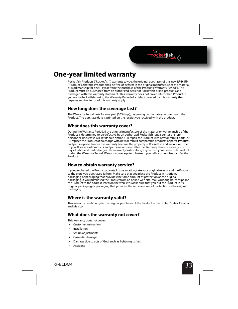 One-year limited warranty | RocketFish RF-BCDM4 User Manual | Page 33 / 40