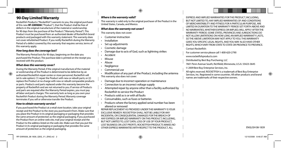 Day limited warranty | RocketFish RF-GWII008 User Manual | Page 2 / 2