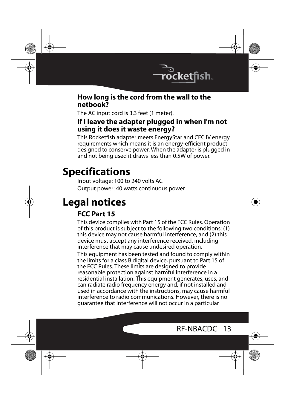 How long is the cord from the wall to the netbook, Specifications, Legal notices | Fcc part 15, Specifications legal notices | RocketFish RF-NBACDC User Manual | Page 13 / 18