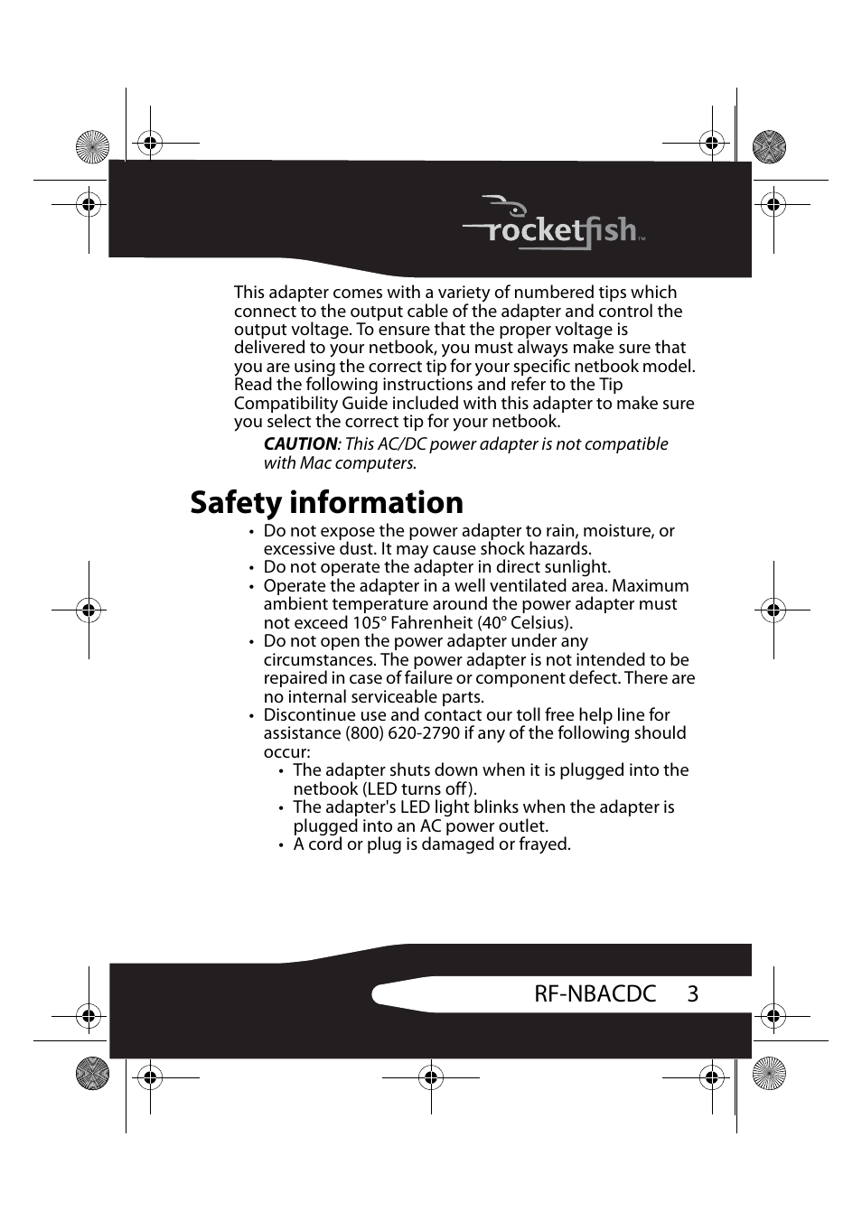 Safety information, 3rf-nbacdc | RocketFish RF-NBACDC User Manual | Page 3 / 18