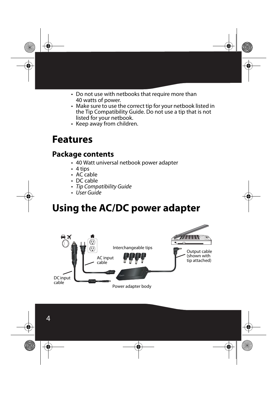 Features, Package contents, Using the ac/dc power adapter | Features using the ac/dc power adapter | RocketFish RF-NBACDC User Manual | Page 4 / 18