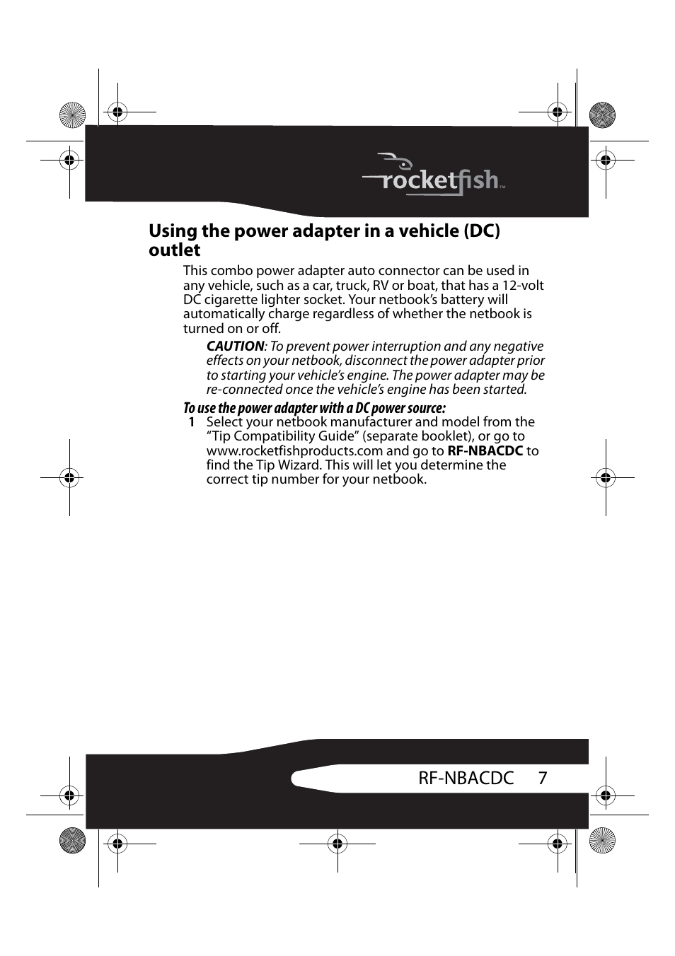 Using the power adapter in a vehicle (dc) outlet | RocketFish RF-NBACDC User Manual | Page 7 / 18