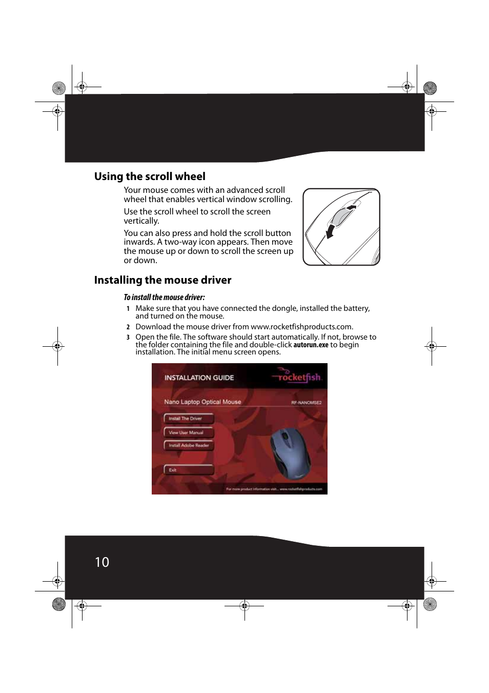 Using the scroll wheel, Installing the mouse driver | RocketFish RF-NANOMSE2/RF-NANO11/12/13 User Manual | Page 10 / 28