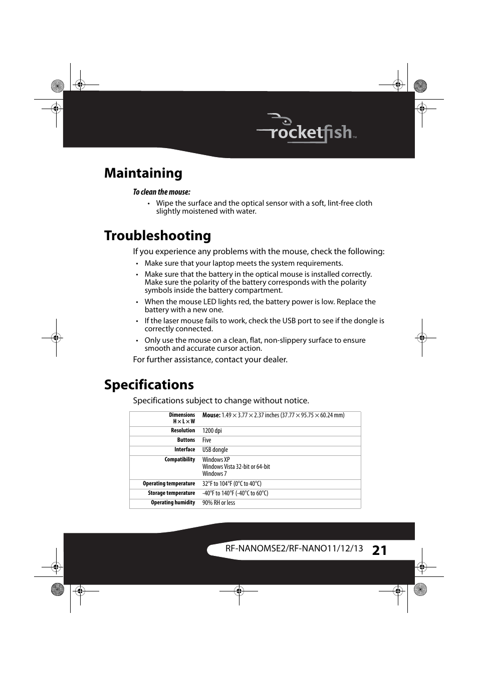 Maintaining, Troubleshooting, Specifications | Maintaining troubleshooting specifications | RocketFish RF-NANOMSE2/RF-NANO11/12/13 User Manual | Page 21 / 28
