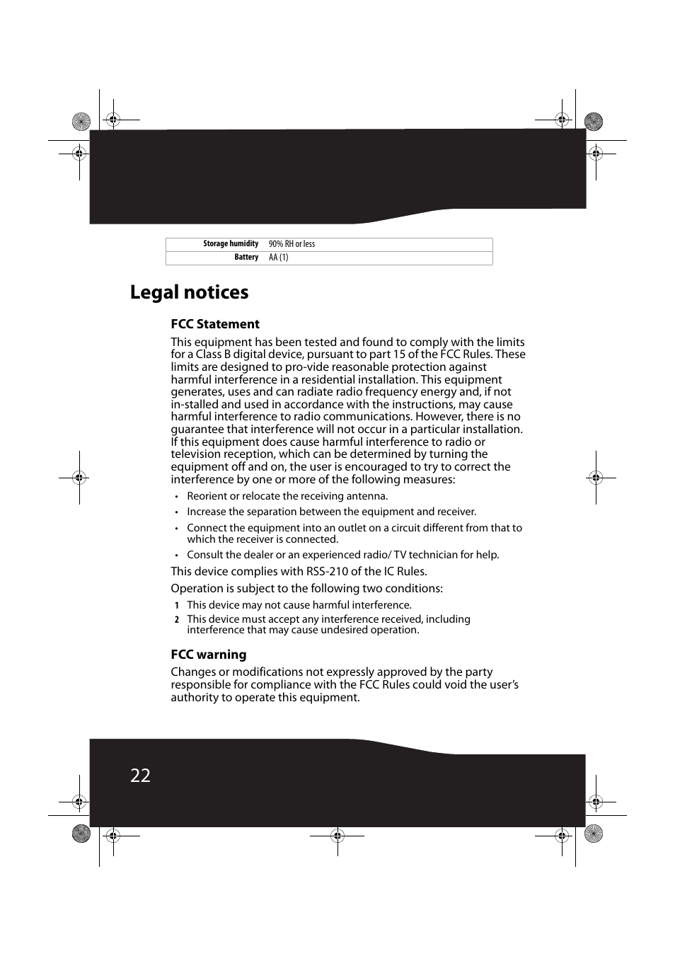 Legal notices, Fcc statement, Fcc warning | 22 legal notices | RocketFish RF-NANOMSE2/RF-NANO11/12/13 User Manual | Page 22 / 28