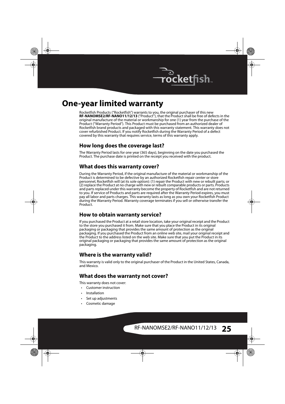 One-year limited warranty, How long does the coverage last, What does this warranty cover | How to obtain warranty service, Where is the warranty valid, What does the warranty not cover | RocketFish RF-NANOMSE2/RF-NANO11/12/13 User Manual | Page 25 / 28