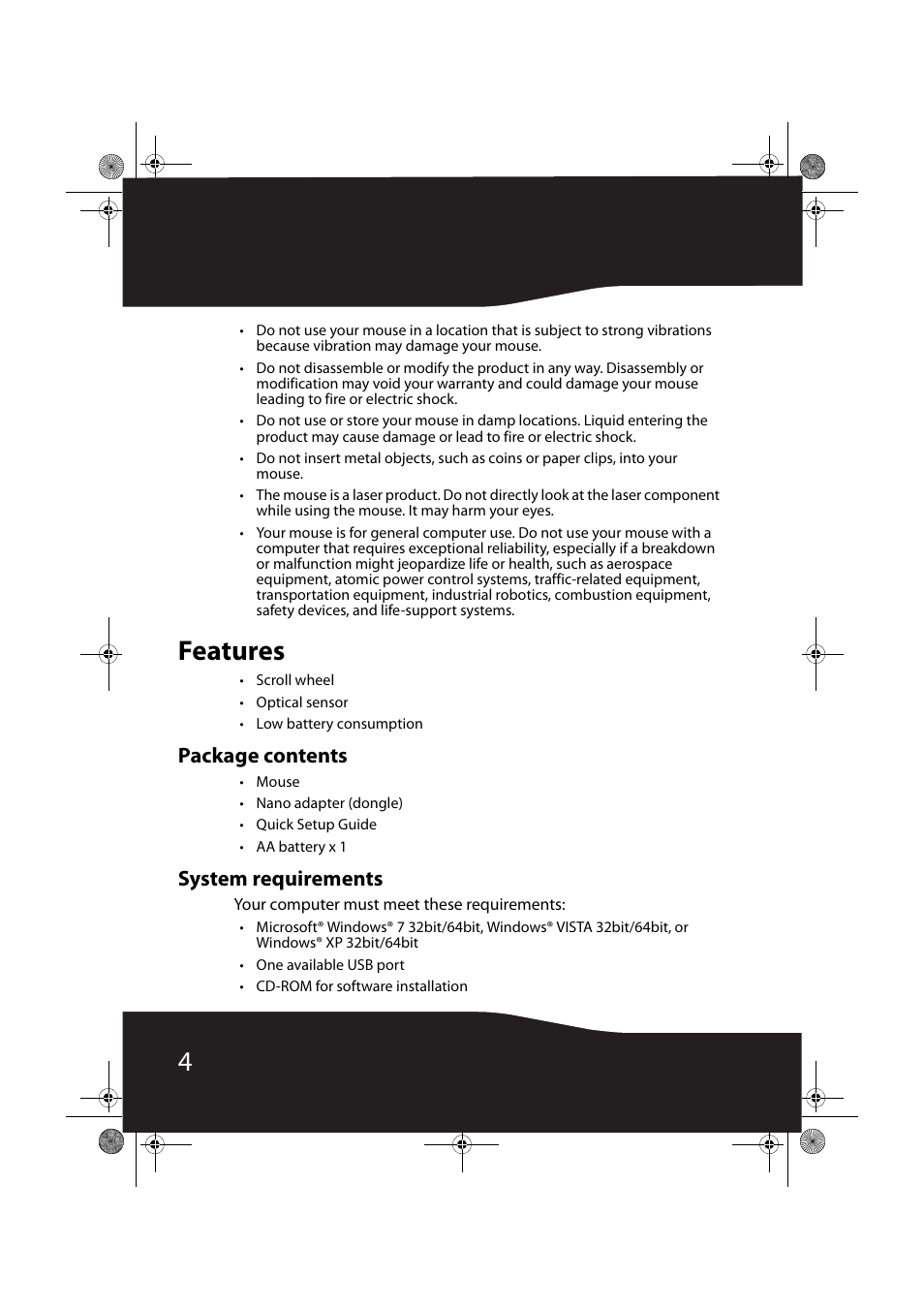 Features, Package contents, System requirements | RocketFish RF-NANOMSE2/RF-NANO11/12/13 User Manual | Page 4 / 28