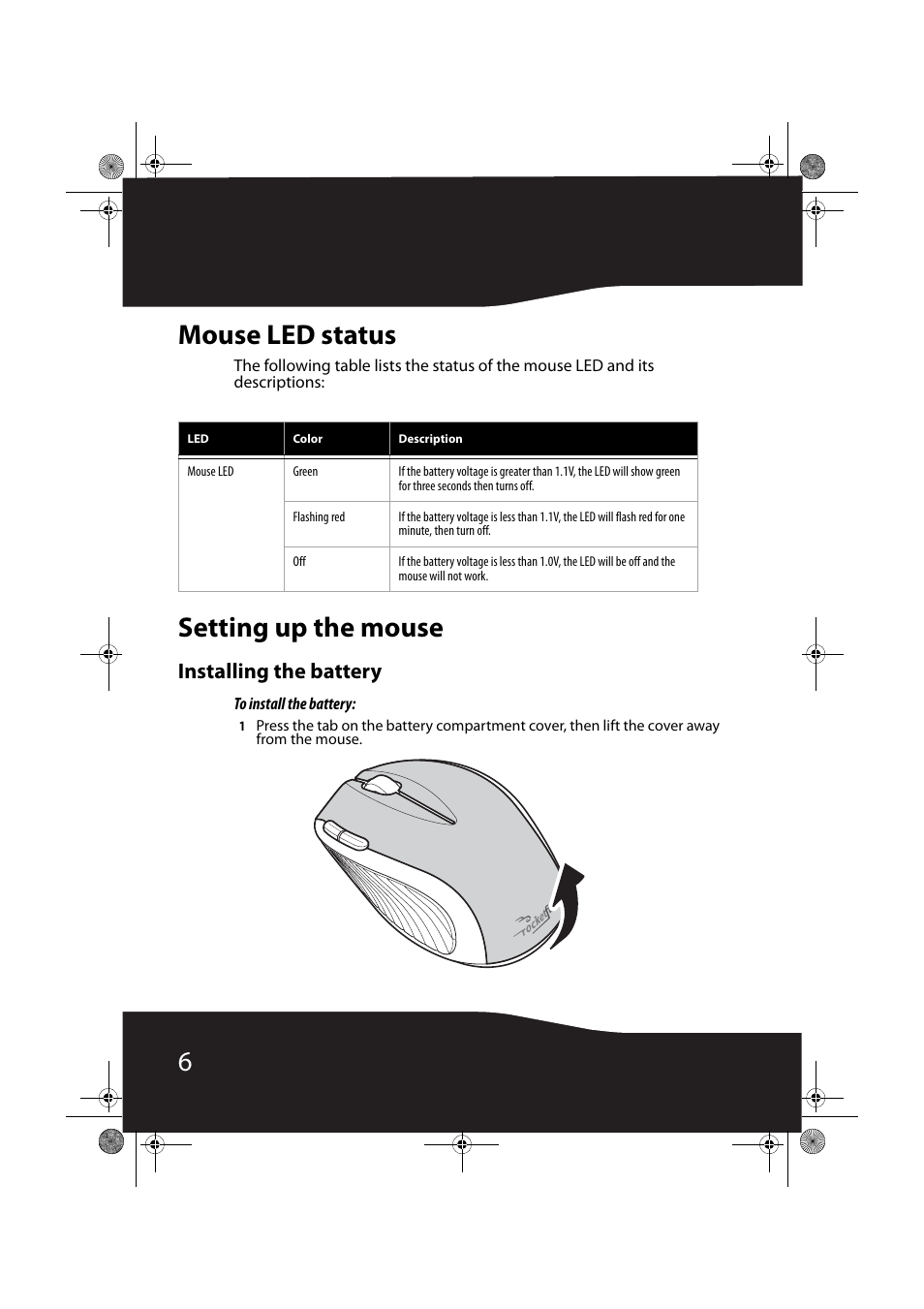 Mouse led status, Setting up the mouse, Installing the battery | Mouse led status setting up the mouse, 6mouse led status | RocketFish RF-NANOMSE2/RF-NANO11/12/13 User Manual | Page 6 / 28