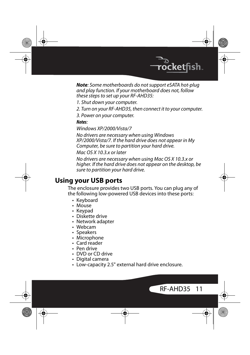 Using your usb ports, 11 rf-ahd35 | RocketFish RF-AHD35 User Manual | Page 11 / 36