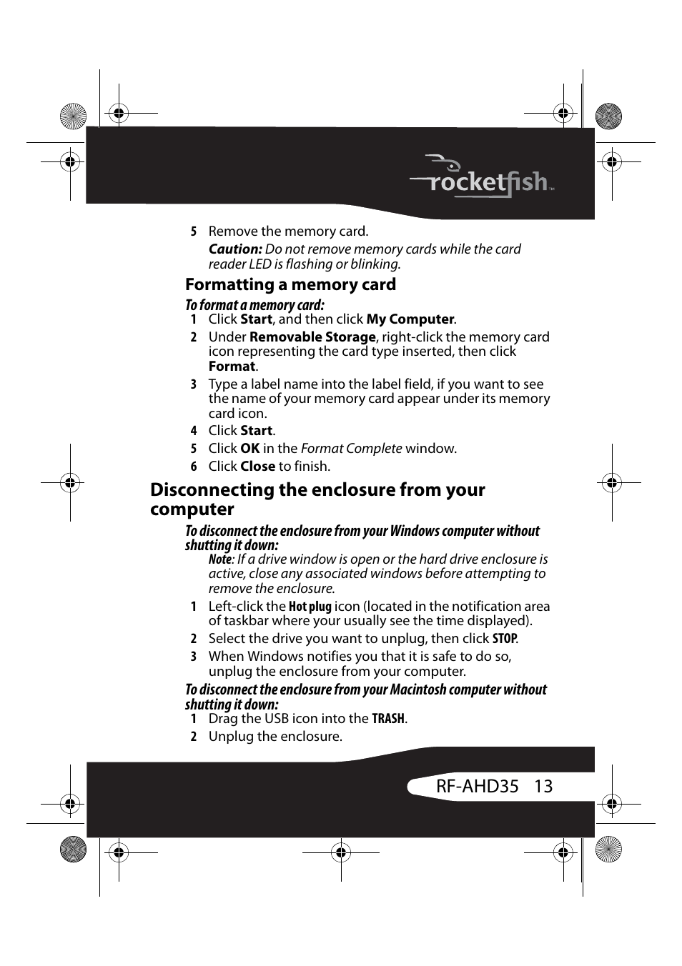 Formatting a memory card, Disconnecting the enclosure from your computer, 13 rf-ahd35 | RocketFish RF-AHD35 User Manual | Page 13 / 36