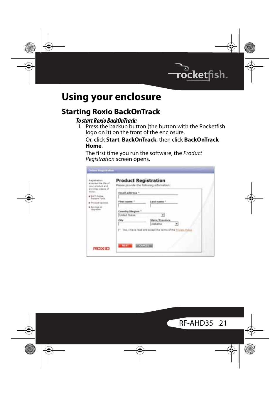 Using your enclosure, Starting roxio backontrack | RocketFish RF-AHD35 User Manual | Page 21 / 36