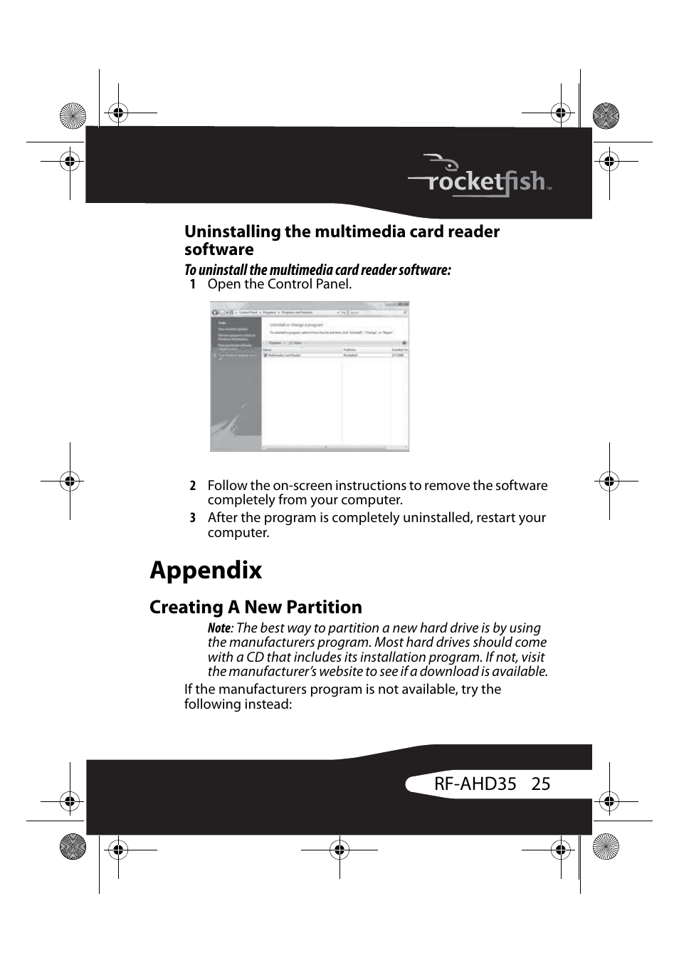 Uninstalling the multimedia card reader software, Appendix, Creating a new partition | 25 rf-ahd35 | RocketFish RF-AHD35 User Manual | Page 25 / 36