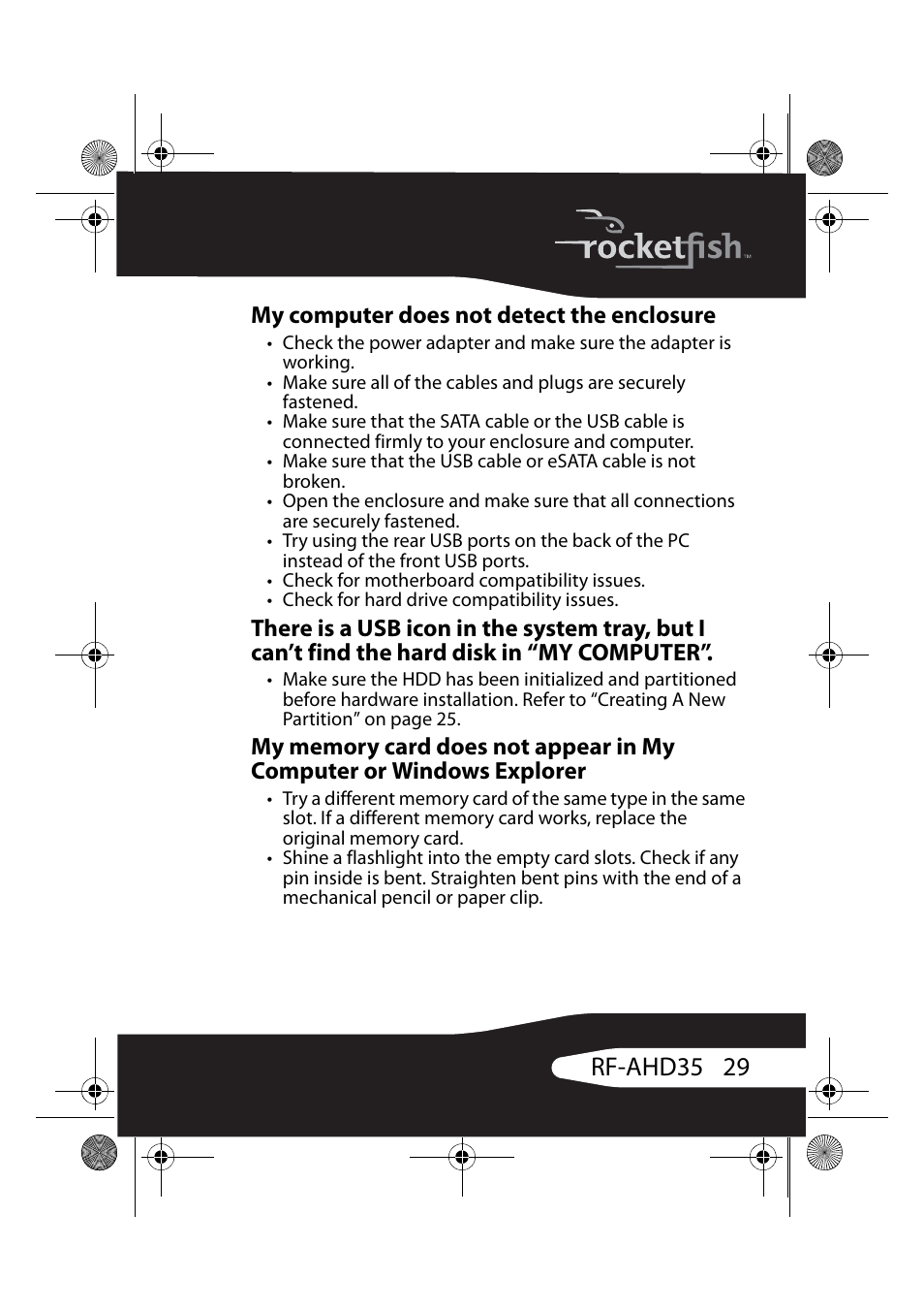 My computer does not detect the enclosure, 29 rf-ahd35 | RocketFish RF-AHD35 User Manual | Page 29 / 36