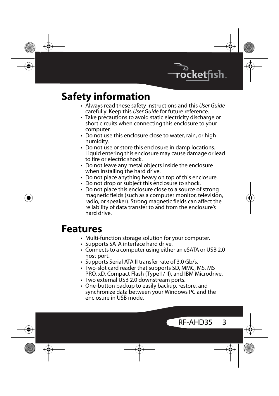 Safety information, Features, Safety information features | 3rf-ahd35 | RocketFish RF-AHD35 User Manual | Page 3 / 36