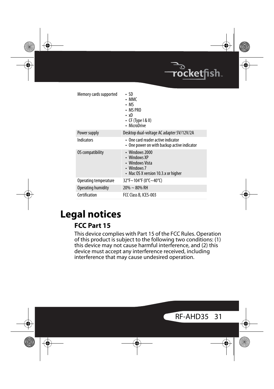 Legal notices, Fcc part 15, 31 rf-ahd35 | RocketFish RF-AHD35 User Manual | Page 31 / 36