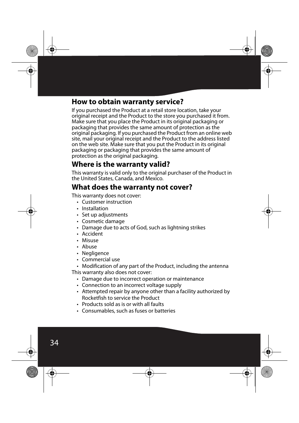 How to obtain warranty service, Where is the warranty valid, What does the warranty not cover | RocketFish RF-AHD35 User Manual | Page 34 / 36