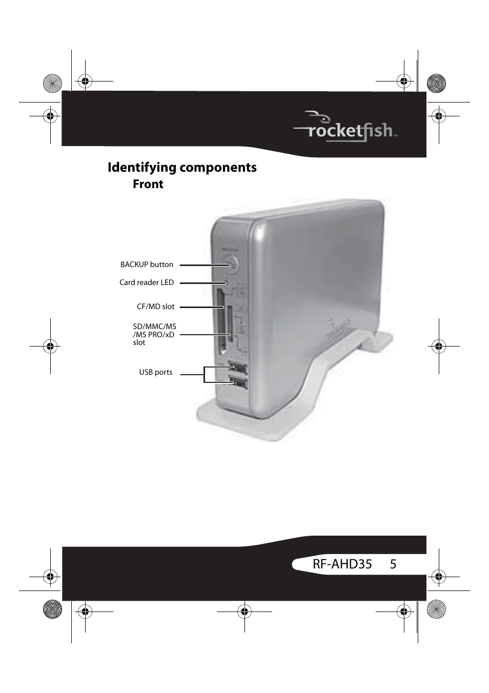 Identifying components, Front, 5rf-ahd35 identifying components | RocketFish RF-AHD35 User Manual | Page 5 / 36