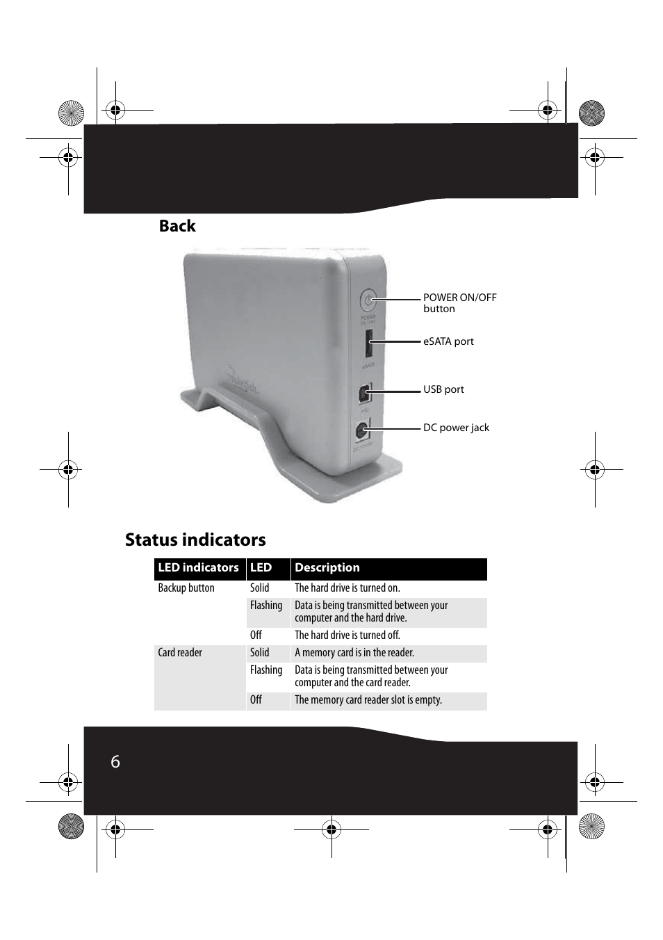 Back, Status indicators | RocketFish RF-AHD35 User Manual | Page 6 / 36