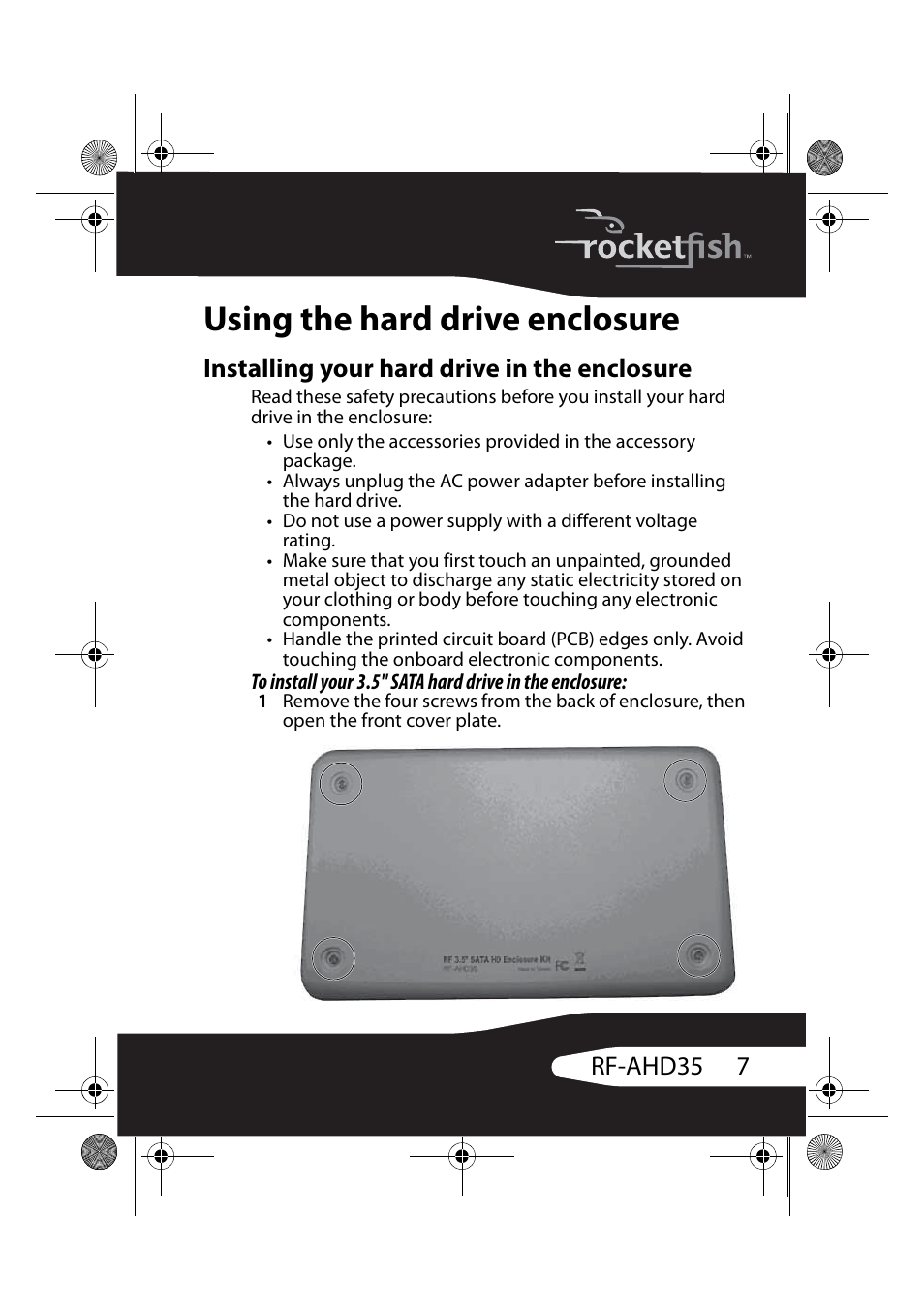 Using the hard drive enclosure, Installing your hard drive in the enclosure, 7rf-ahd35 | RocketFish RF-AHD35 User Manual | Page 7 / 36