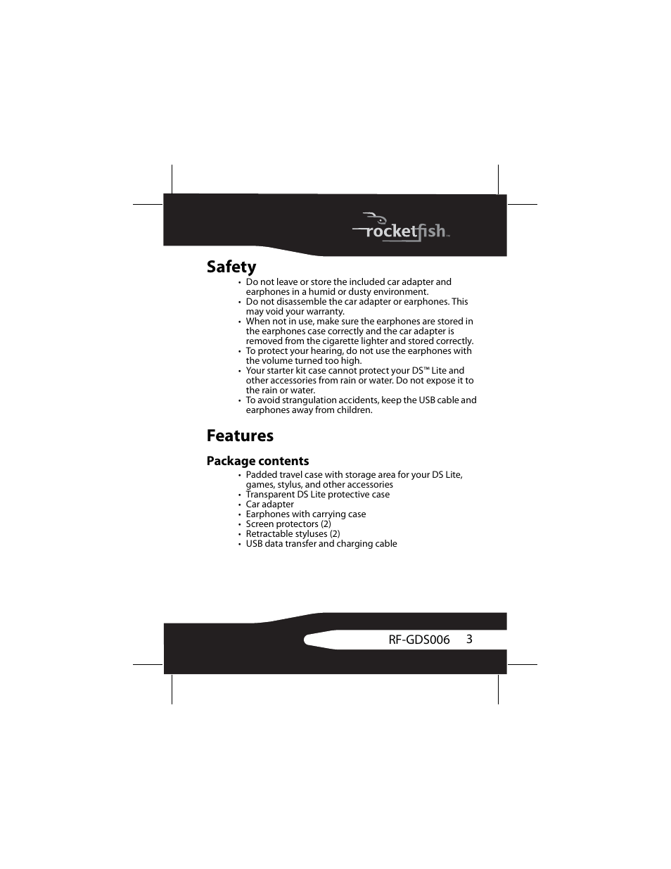 Safety, Features, Package contents | Safety features | RocketFish DS Lite RF-GDS006 User Manual | Page 3 / 16