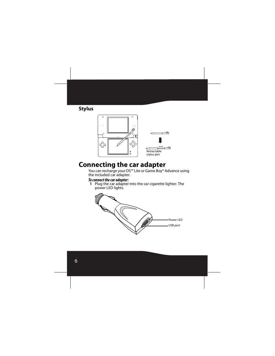 Stylus, Connecting the car adapter | RocketFish DS Lite RF-GDS006 User Manual | Page 6 / 16