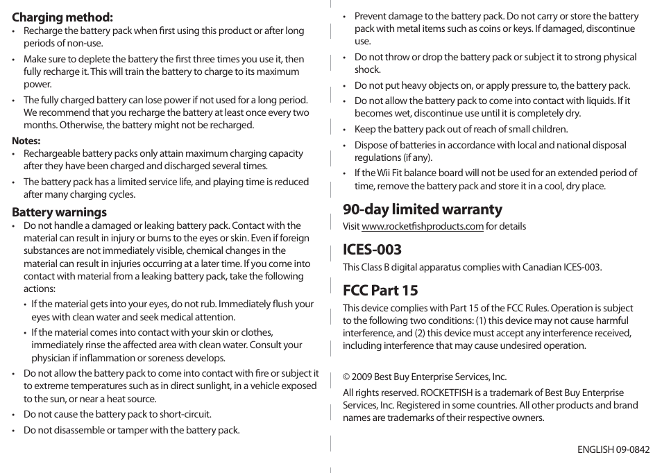 Day limited warranty, Ices-003, Fcc part 15 | RocketFish RF-GWII028 User Manual | Page 2 / 2