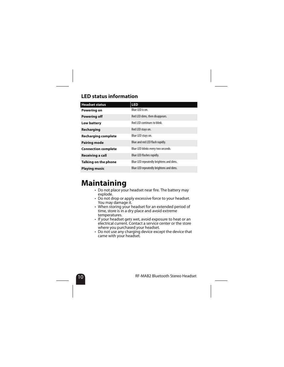 Led status information, Maintaining | RocketFish RF-MAB2 User Manual | Page 10 / 20