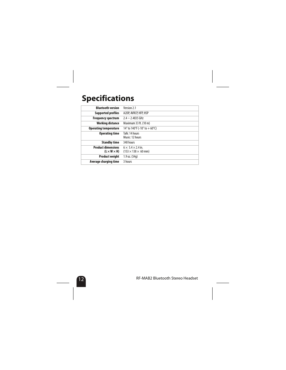 Specifications | RocketFish RF-MAB2 User Manual | Page 12 / 20