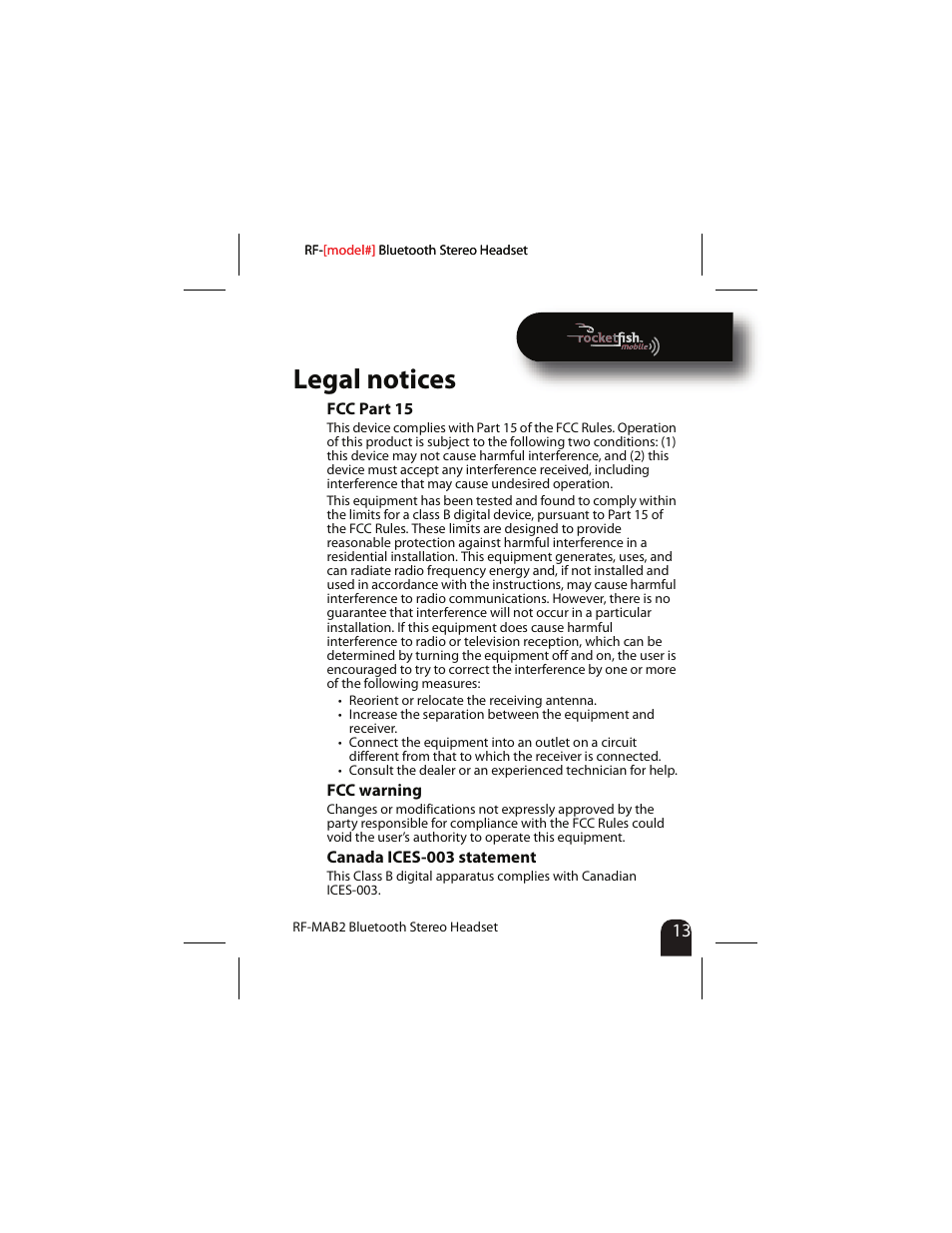 Legal notices | RocketFish RF-MAB2 User Manual | Page 13 / 20