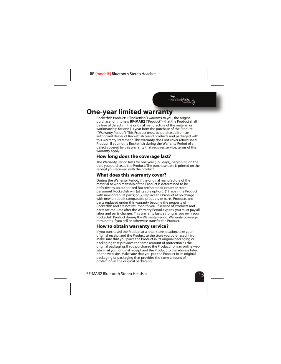 One-year limited warranty | RocketFish RF-MAB2 User Manual | Page 15 / 20